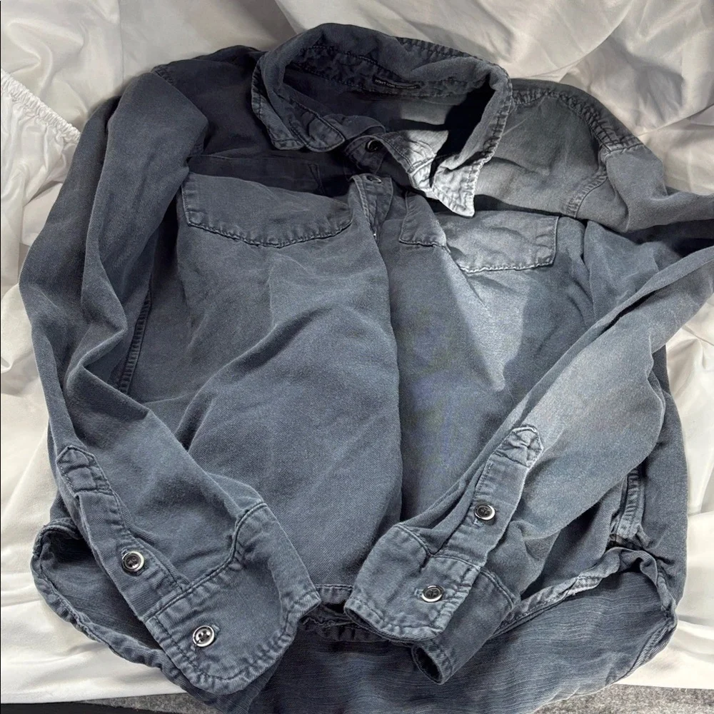 MOTHER Gray collard button down linnen blend long sleeve pocket shirt S - Picture 4 of 13